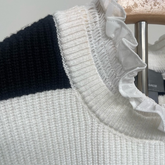 Anthropologie | Black White Striped Ruffle Collar Sweater Contemporary Coquette - Picture 5 of 7
